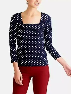 J. Crew Navy Polka Dot Square Neck Top Medium
